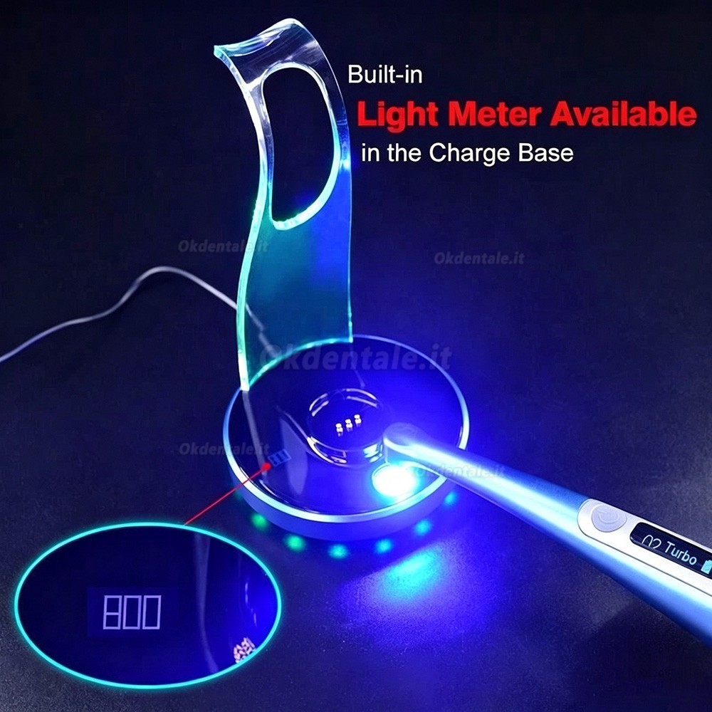 Lampada fotopolimerizzatrice odontoiatrica LED Mecco Dolphin con esposimetro integrato e lente per micropolimerizzazione